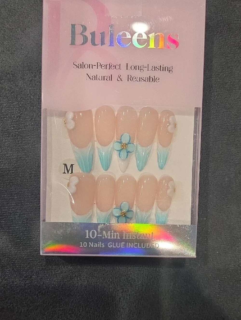 Handmade Press on Nails Acrylic - 3D Pink Blue Floral French Tip Short Almond